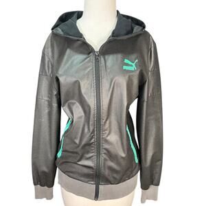 Puma Metallic Gray Hooded Jacket Womens Small Athletic Zip Windbreaker Y2K 90s